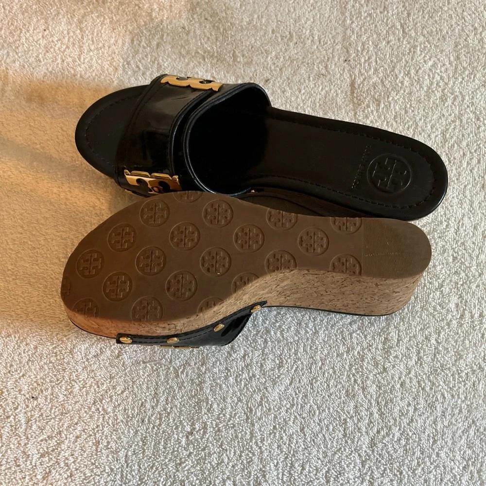 Tory Burch Black Patent Slide Mules with Gold Logo Accents